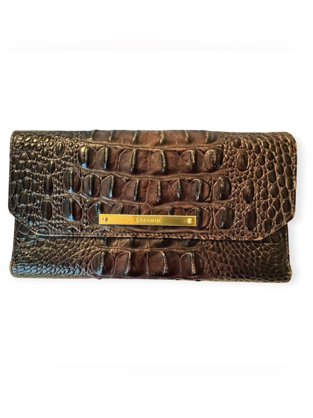 Brahmin Dark Brown Croc-Embossed Leather Wallet with Gold Plate
